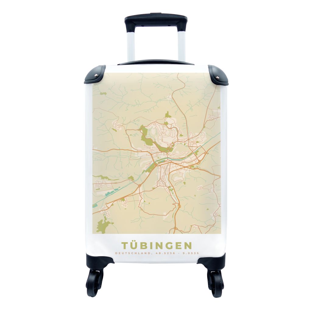 MuchoWow Koffer Handgepäck Trolley Rollkoffer Kleine Reisekoffer mit 4 Rollen - Tübingen - Karte - Stadtplan - Vintage - Cabin Size < 55x40x23 ...