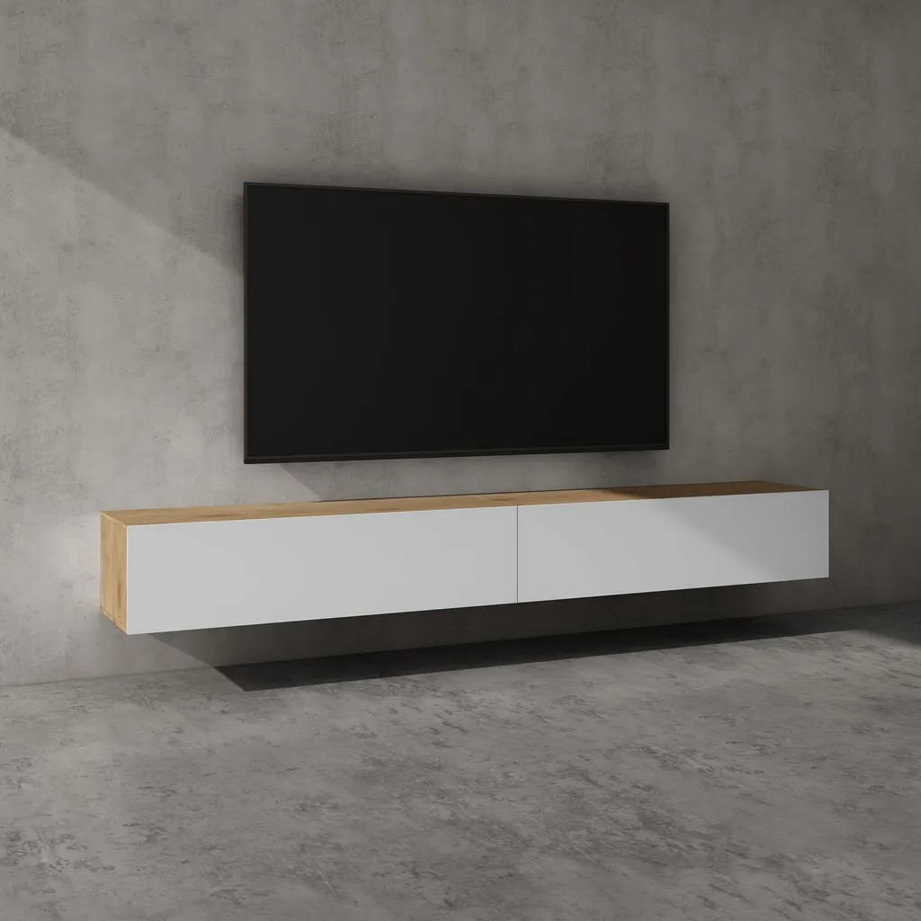 Meuble TV Mural 240cm avec Portes Coloris Chêne Clair et Blanc MBTV02