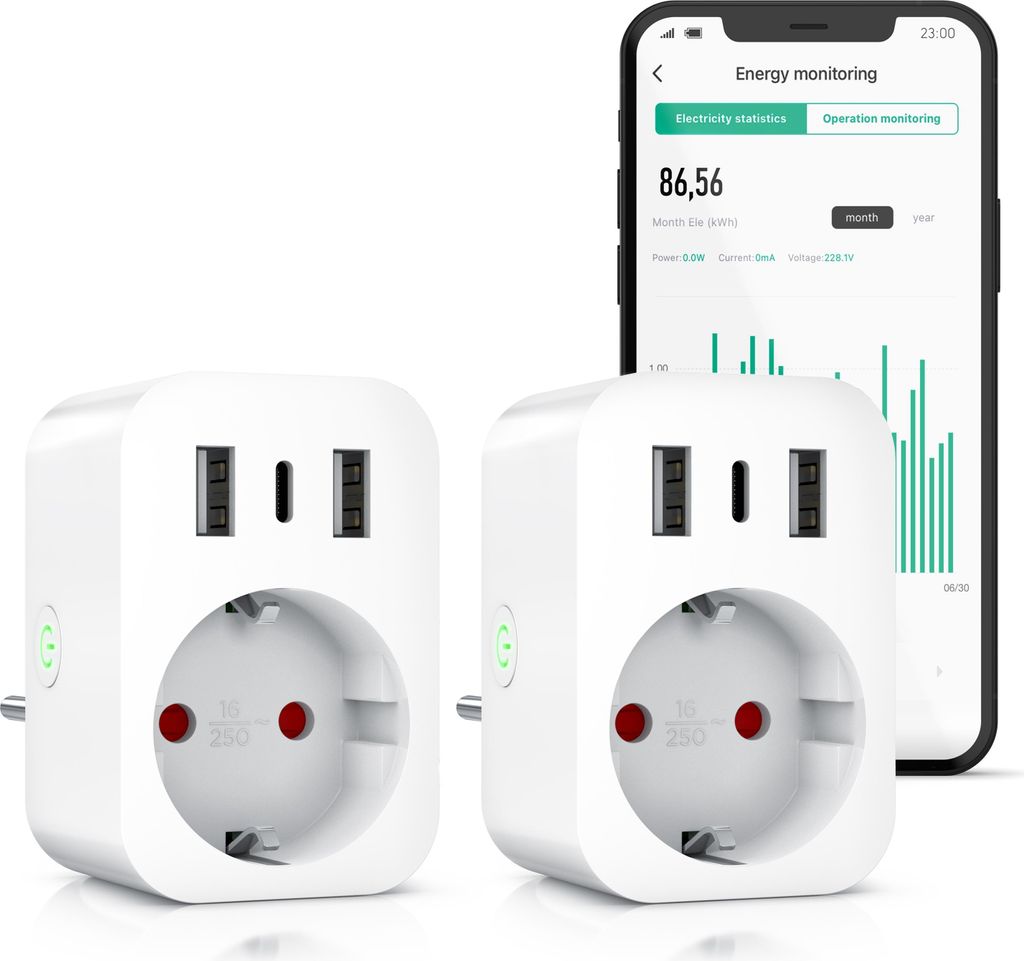 BEARWARE WLAN-Steckdose mit USB, 2,4Ghz WiFi Fernsteuerung per Smart life App, Sprachsteuerung, 2-St., Zeitschaltuhr, Energiekostenmessgerät, USB-...