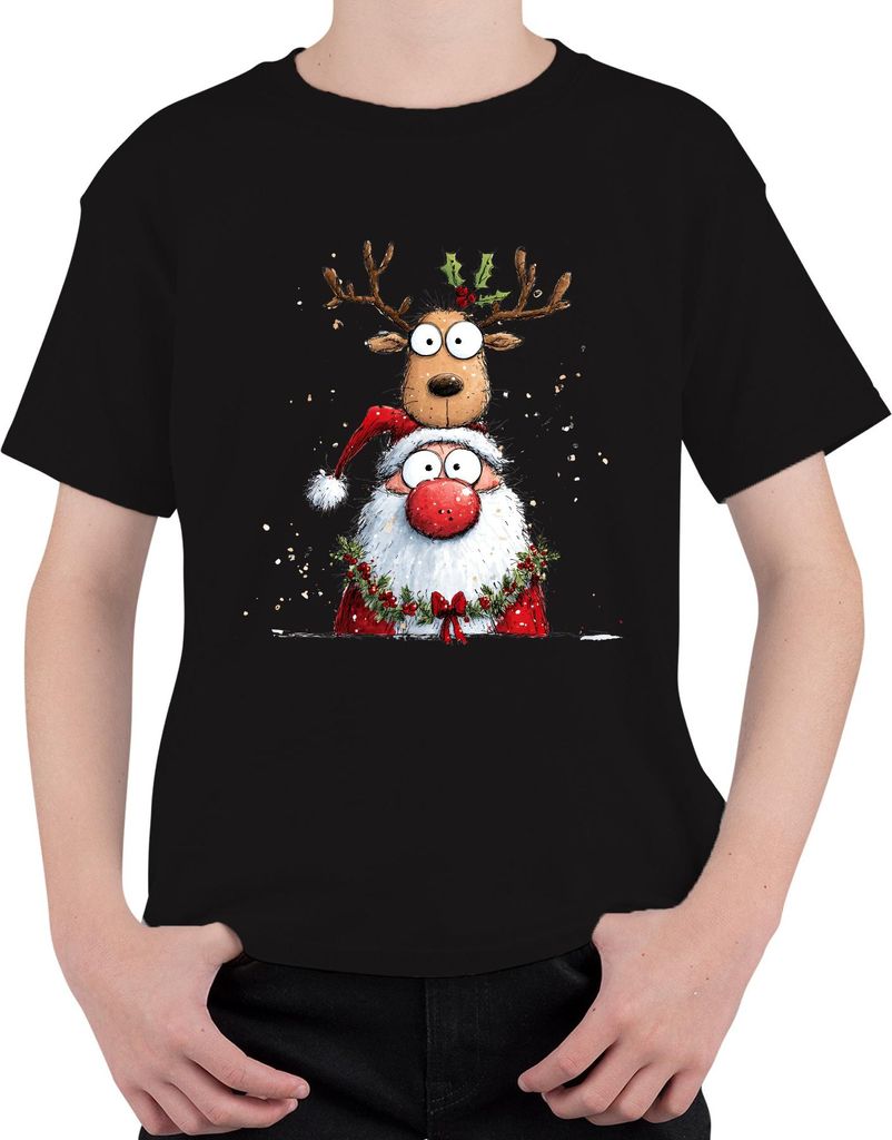 Weihnachtsmann Rentier Cartoon lustig Weihnachten Geschenk Kinder Uni Kinder T-Shirt, Schwarz, 104
