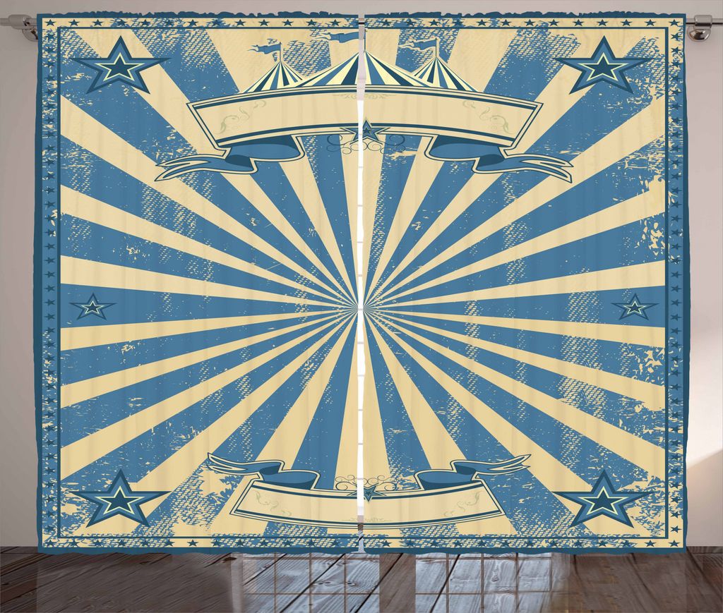 ABAKUHAUS Vintage Blue Rustikaler Gardine, Retro Zirkuszelt, Schlafzimmer Kräuselband Vorhang mit Schlaufen und Haken, 280 x 175 cm, Blau und Beige