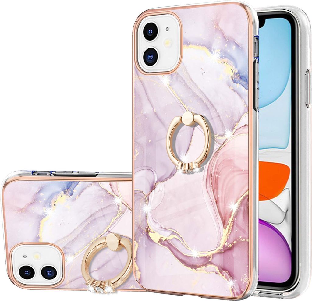 iPhone 11 Marmor Handyhülle mit 360 Grad Ring Ständer Ultra Dünn Soft TPU Bumper Anti-kratzt Schutzhülle für iPhone 11 Roségold