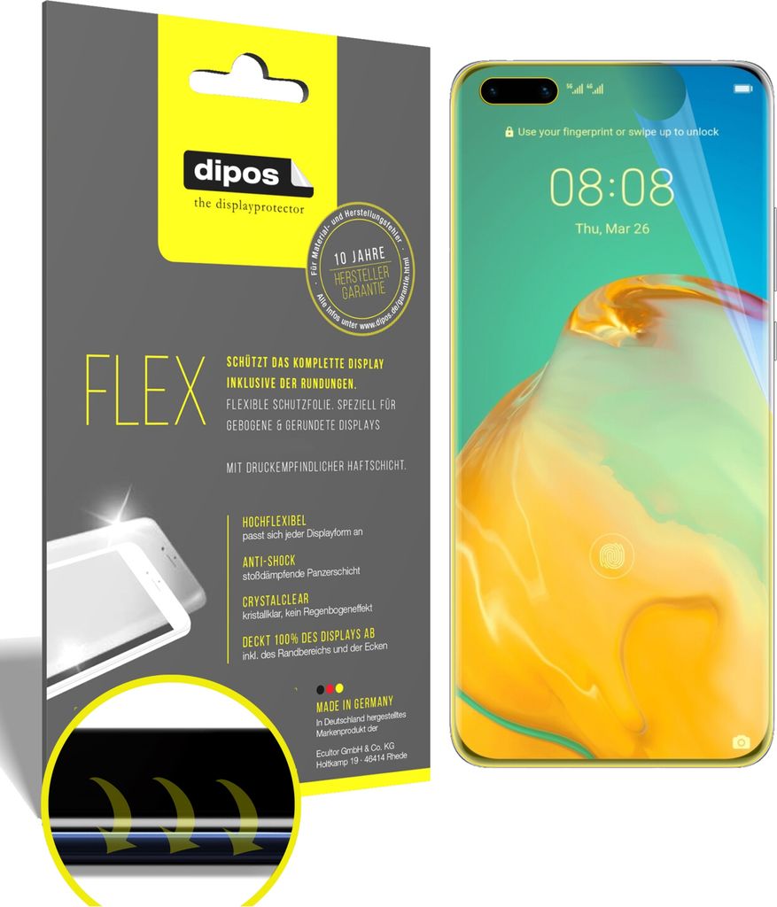 2x Schutzfolie für Huawei P40 Pro Plus Folie, 100% Displayabdeckung, dipos Flex