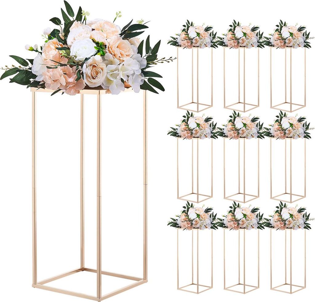 VEVOR Hochzeitsblumenständer 250x250x600mm, 10 Stk. Blumenhocker, Blumenständer mit Metallablage, goldener rechteckiger Pflanzenhocker für Hochz...