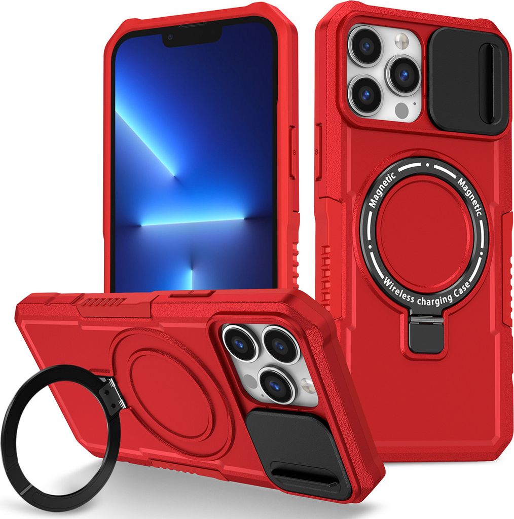 Handyhülle für iPhone 13 Pro Max Kompatibel mit MagSafe, Robuste Hülle mit Schiebe Kamera Schutz, Magnetischer Ringständer Rot