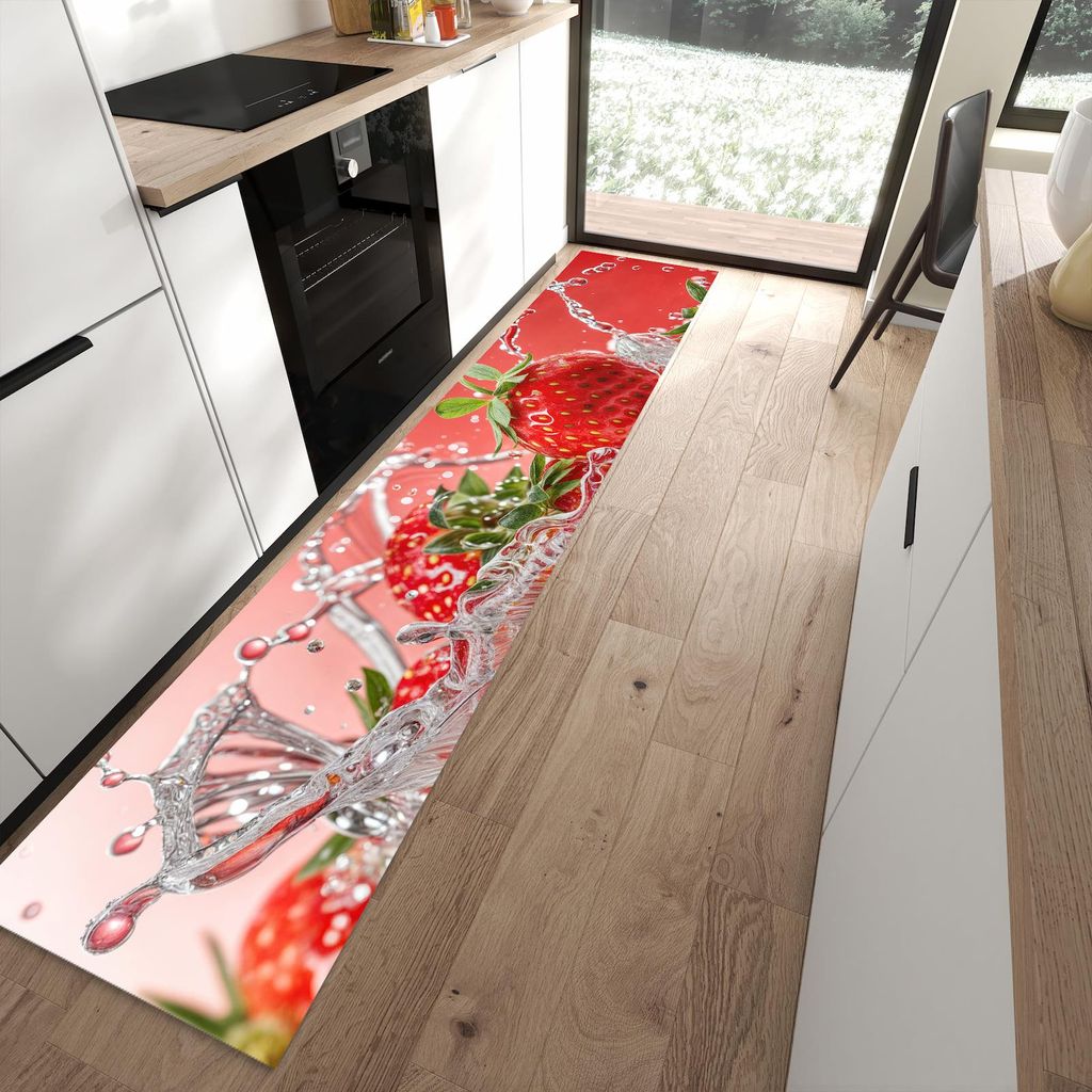 Küchenteppich 60x300cm rutschfest & abwischbar PVC Läufer - Erdbeerspritzer