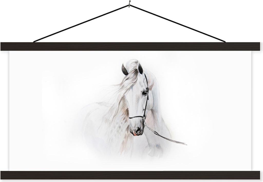 MuchoWow Textilposter Pferd - Aquarell - Tiere - Weiß 60x30 cm mit schwarzem Rahmen - Textilien