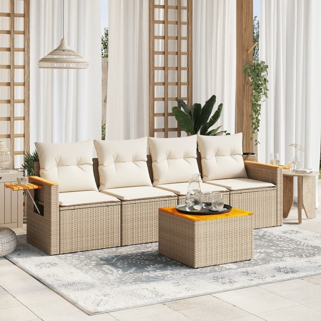 5-tlg. Garten-Sofagarnitur mit Kissen Beige Poly Rattan 3226618