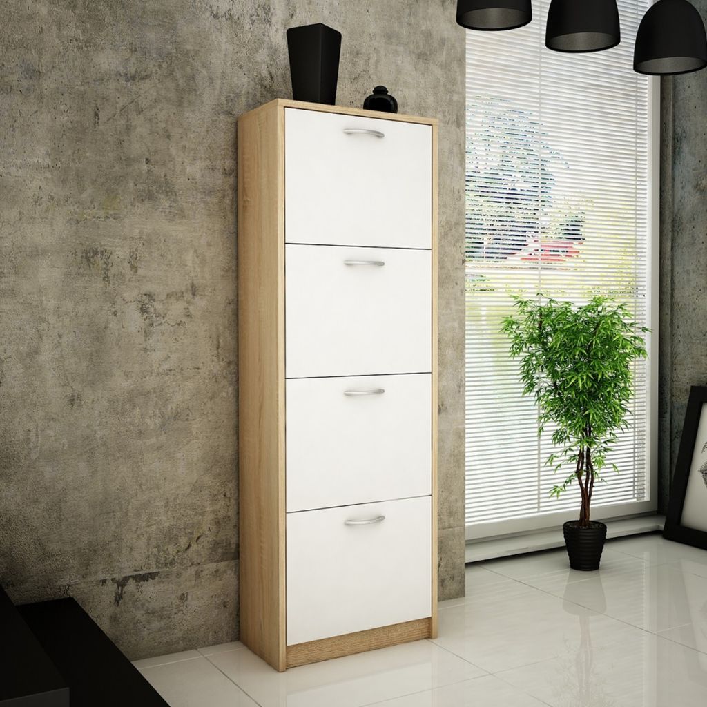 Schuhschrank mit 4 aufklappbaren Schubladen, Schuhregal mit 4 Fächern 50 cm breit weiche abgerundete Kanten, matte Oberfläche, sonoma weiß