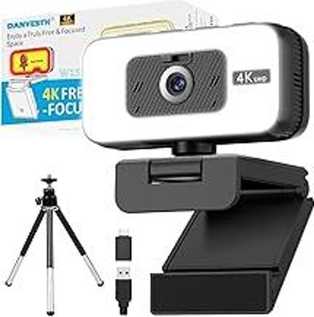4K Webcam mit Licht & Zoom, USB Computer Kamera mit Mikrofon, Privatsphäre-Abdeckung & Anti-Stör-Licht, Autofokus 4K UHD Webcam für PC Laptop Mo...