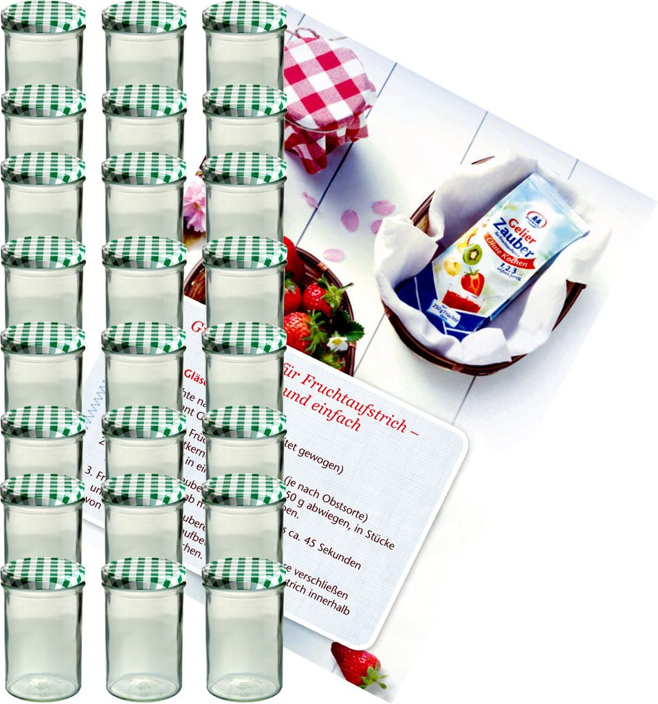 A collection of glass jars with green checkered lids, a packet of jelly powder, and some strawberries, arranged on a white surface with a recipe card.