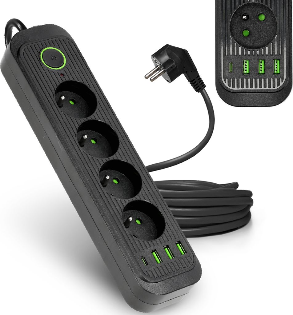 Przedłużacz 4 gniazda 3m LISTWA ZASILAJĄCA czarny + 4x USB Zdjęcie produktu 