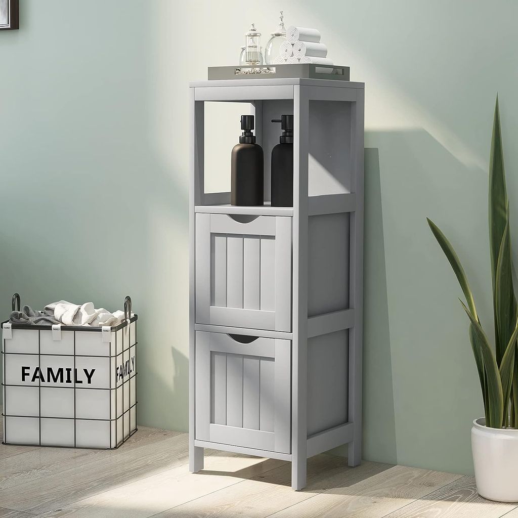 Badezimmerschrank mit 3 Ebenen, Badezimmer-Saeule, Kommode, Schrank mit offenem Regal & 2 Schubladen, freistehender Schrank für Wohnzimmer, Küche...