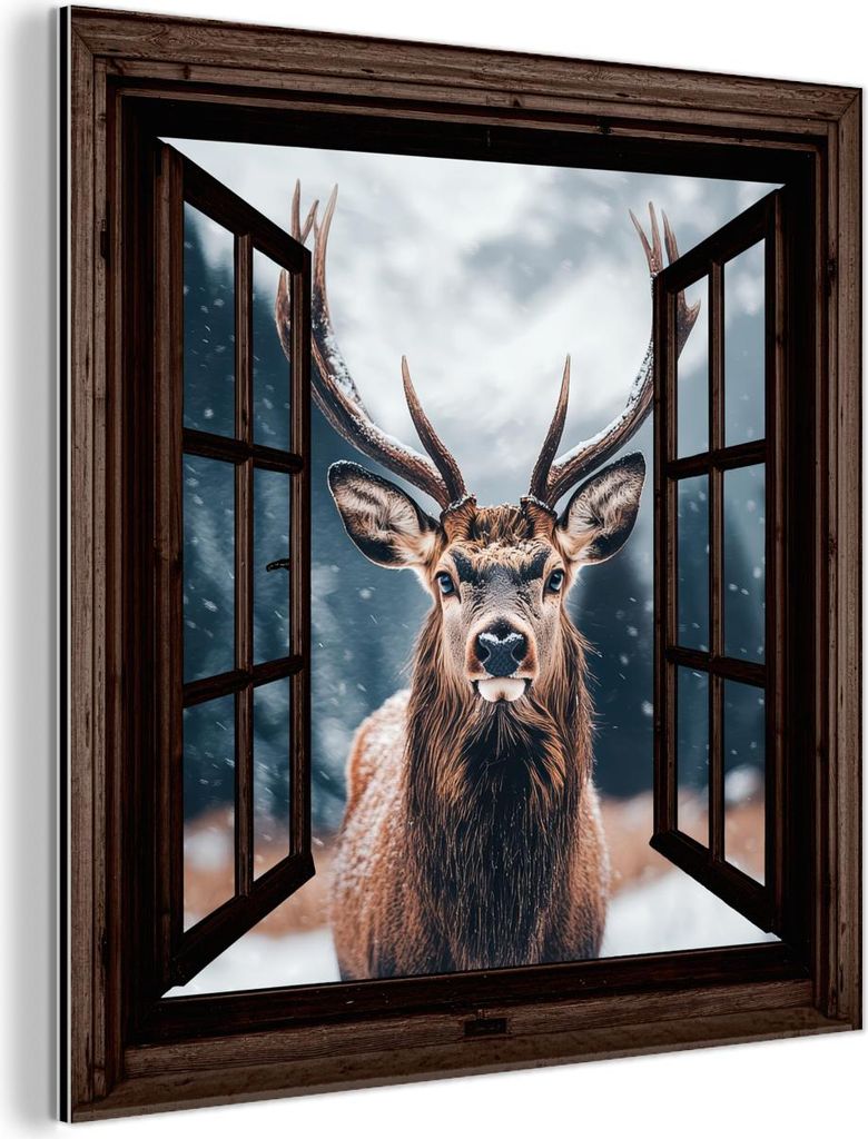 MuchoWow Wanddekoration Metall Metallbild Wandkunst 20x20 cm Durchsichtig - Hirsche - Tiere - Landschaft - Winter - Schnee - Ländlich MuchoWow Alu...