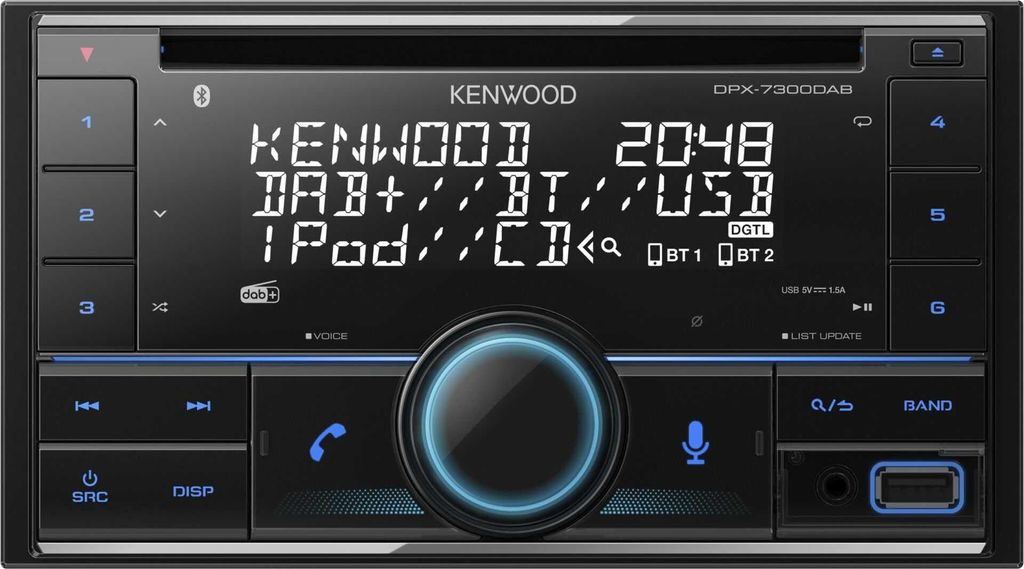 A close-up front view of a Kenwood car stereo with its display screen showing various information.
