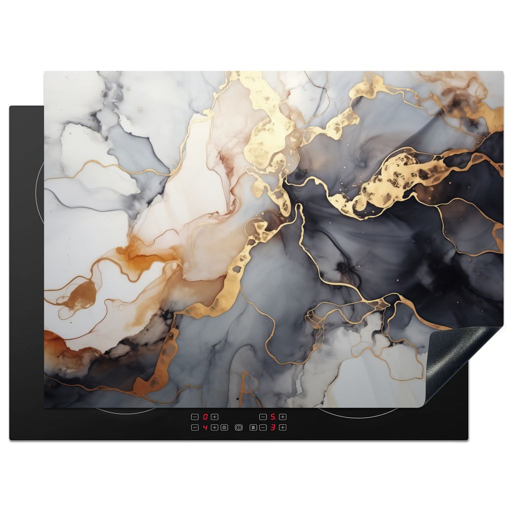 KitchenYeah Herdabdeckplatte Marmor - Schwarz - Gold - Weiß , 70x52cm, Küche Deko, Glaskeramikkochfeld Herdabdeckung, Abdeckplatte fùr Kochfeld