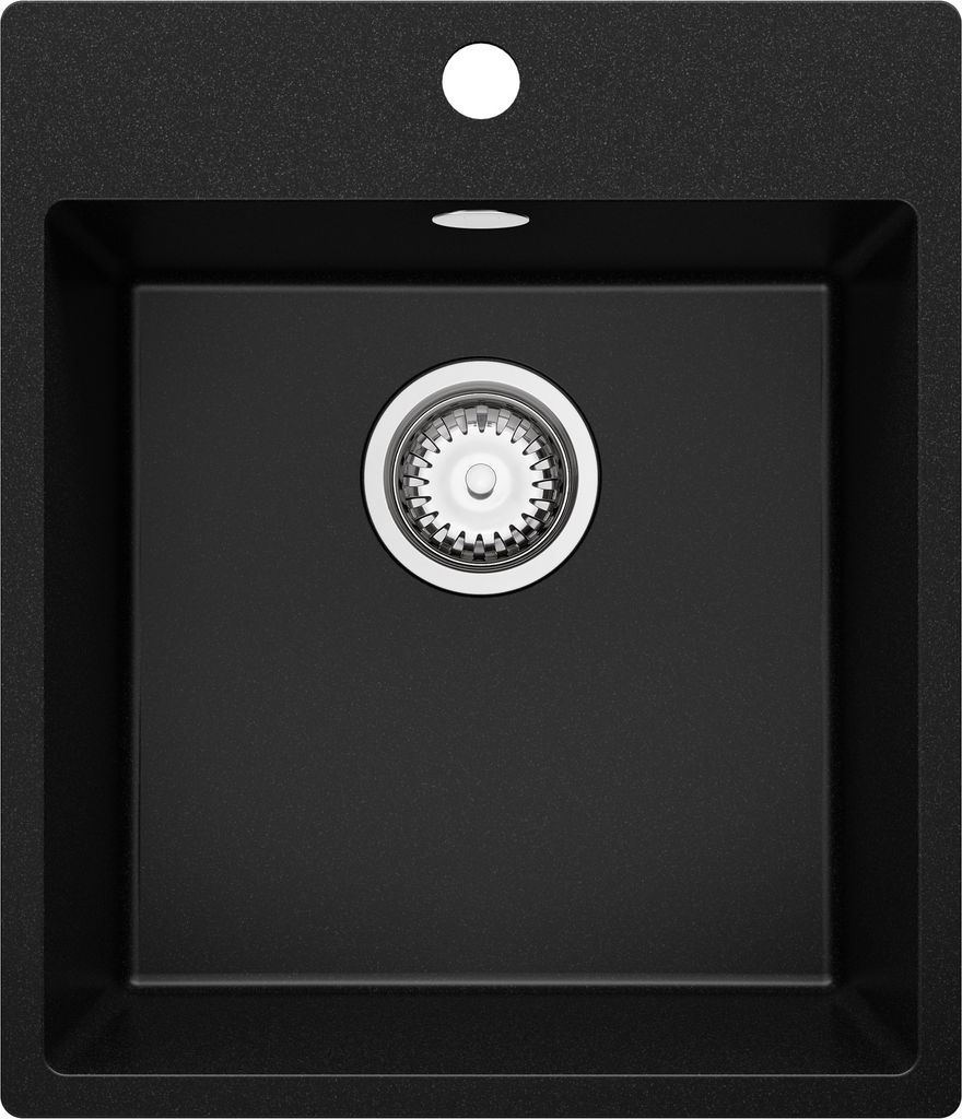 A top-down view of a black granite kitchen sink with a drain assembly in the center and a faucet hole at the top.