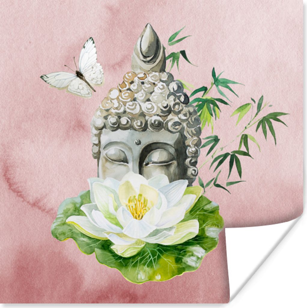 MuchoWow Poster Buddha - Kopf - Blume 30x30 cm - Wandposter - Printing