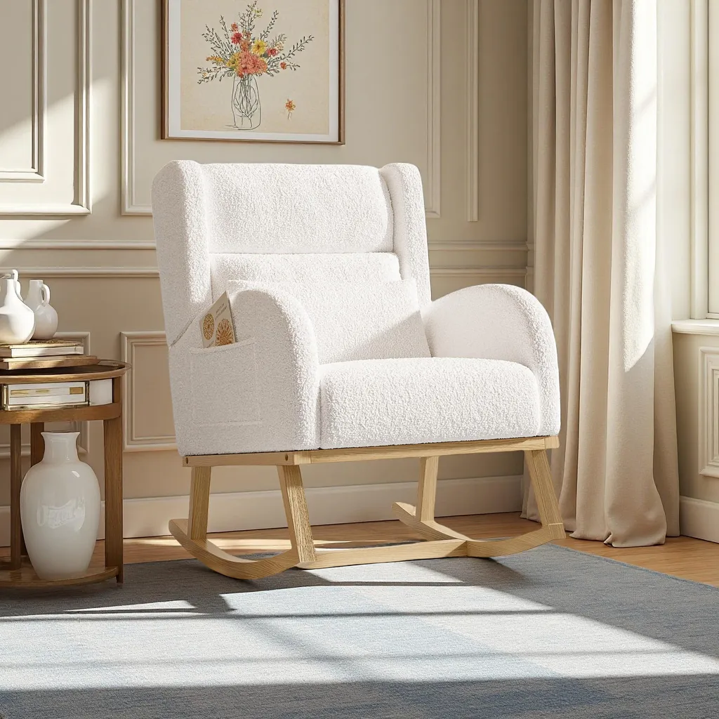 Fauteuil à bascule en teddy blanc avec soutien lombaire design moderne