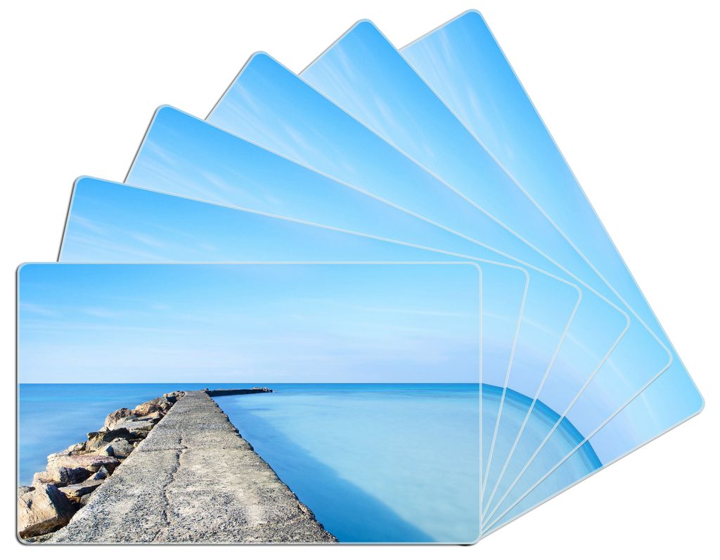 Wallario Frühstücksbrettchen 6er Set aus Glas, je 14 x 23 cm, mit rutschfesten Füßen, Motiv Pier am blauen Ozean mit blauem Himmel