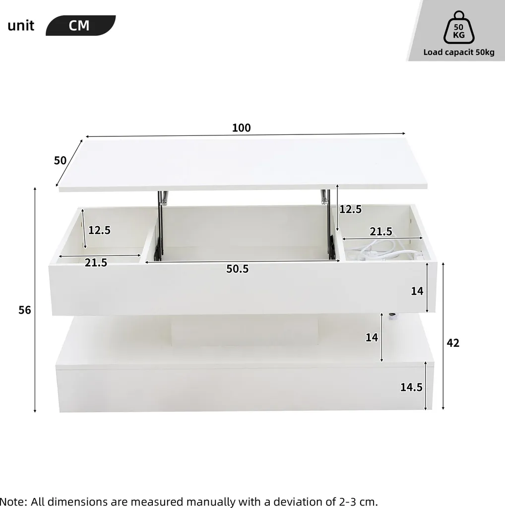 Table Basse Transformable à Plateau Relevable et LED Design Blanc - 4