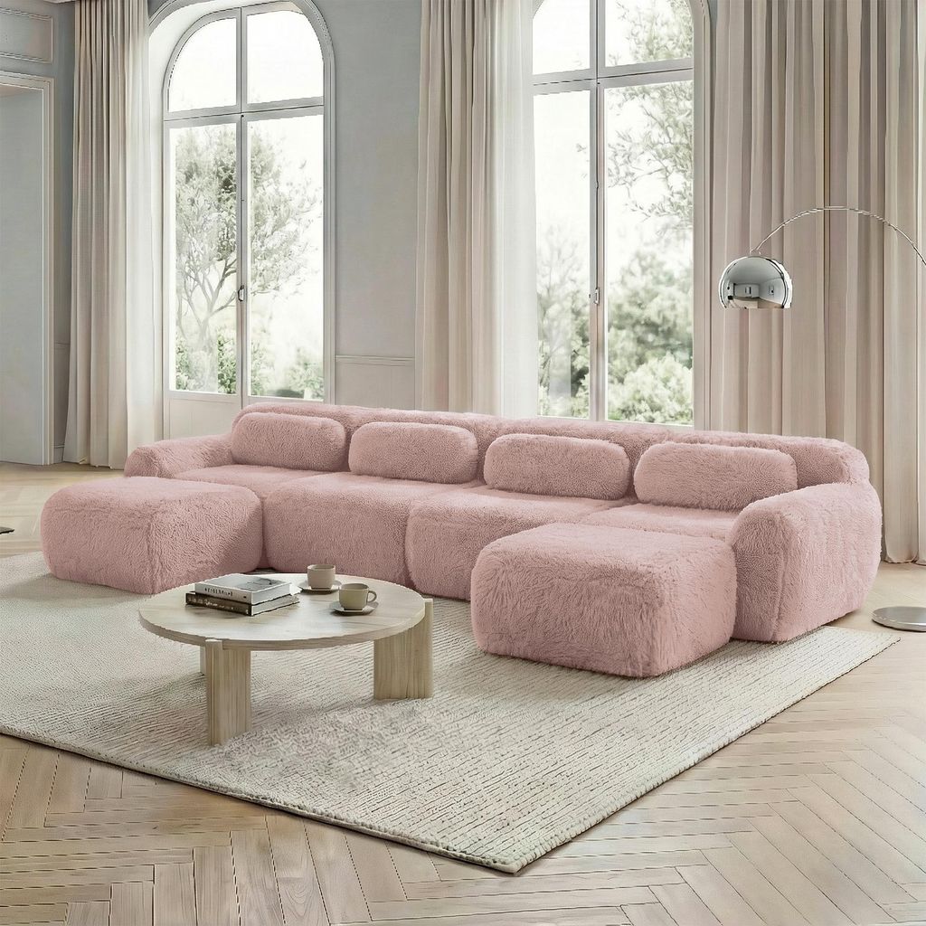 U-förmiges modulares Sofa, keine Montage, frei kombinierbar, Plüschstoff, rutschfester Boden, mit Kissen. Ergonomische Unterstützung, hochelasti...