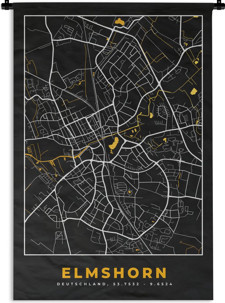 MuchoWow Wandteppich Wandbehang Deutschland - Schwarz und Gold - Elmshorn - Stadtplan - Karte 60x90 cm Tapisserie Dekoration Wandtuch - Foto-Tepp...