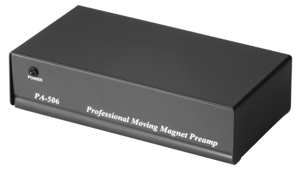 A black phono preamplifier on a white background.