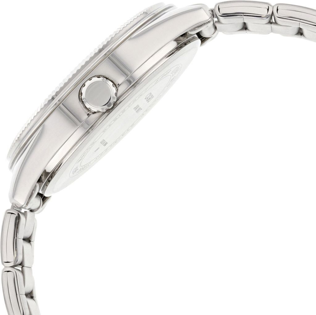 A close-up side view of a silver watch with a metal band.