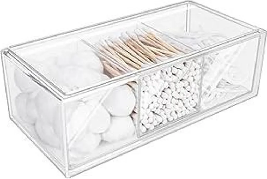 DoocliB Contenitore Cotton Fioc Trasparente Impilabile - Organizer Bagno 3 Scomparti