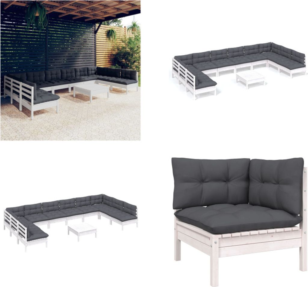 vidaXL 11 tlg. Garten Lounge Set mit Kissen Weiß Kiefer Massivholz - Garten-Lounge-Set - Garten-Lounge-Sets - Gartenmöbel-Set - Gartenmöbel-Sets