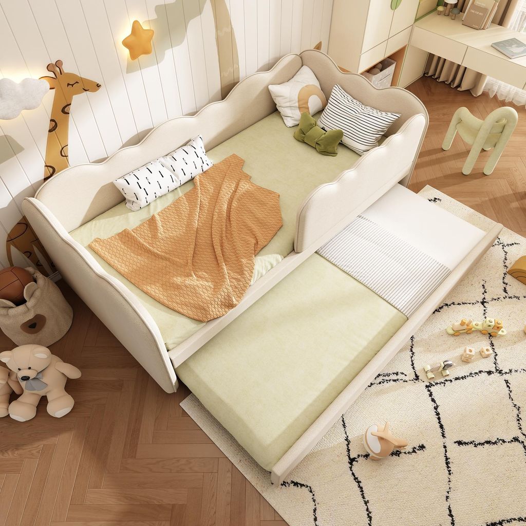 STILVORA Schlafsofa 90x190 mit Ausziehbett unter,Daybett aus Leinen mit Lattenrost,Tagesbett für Wohnzimmer, Schlafzimmer und Gästezimmer,Beige