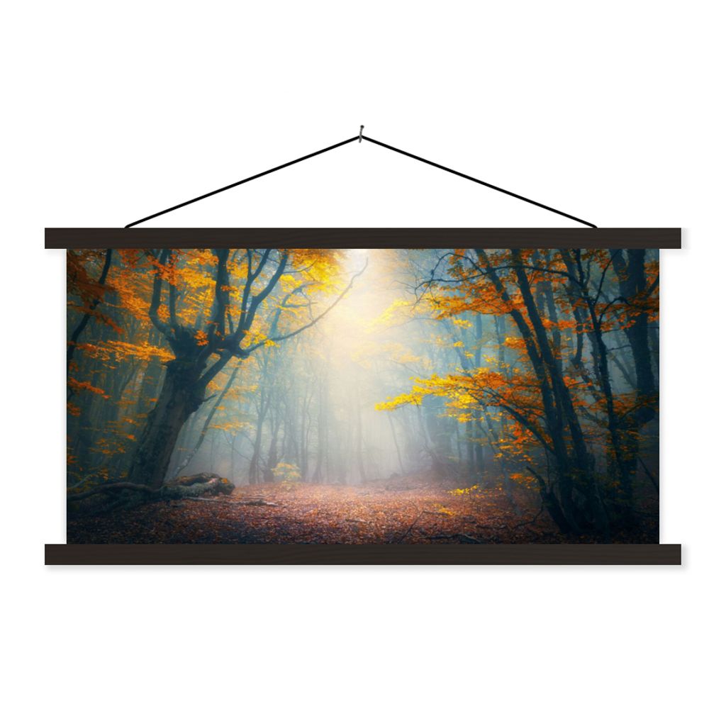 MuchoWow Textilposter Wald - Nebel - Herbst 60x30 cm mit schwarzem Rahmen - Textilien