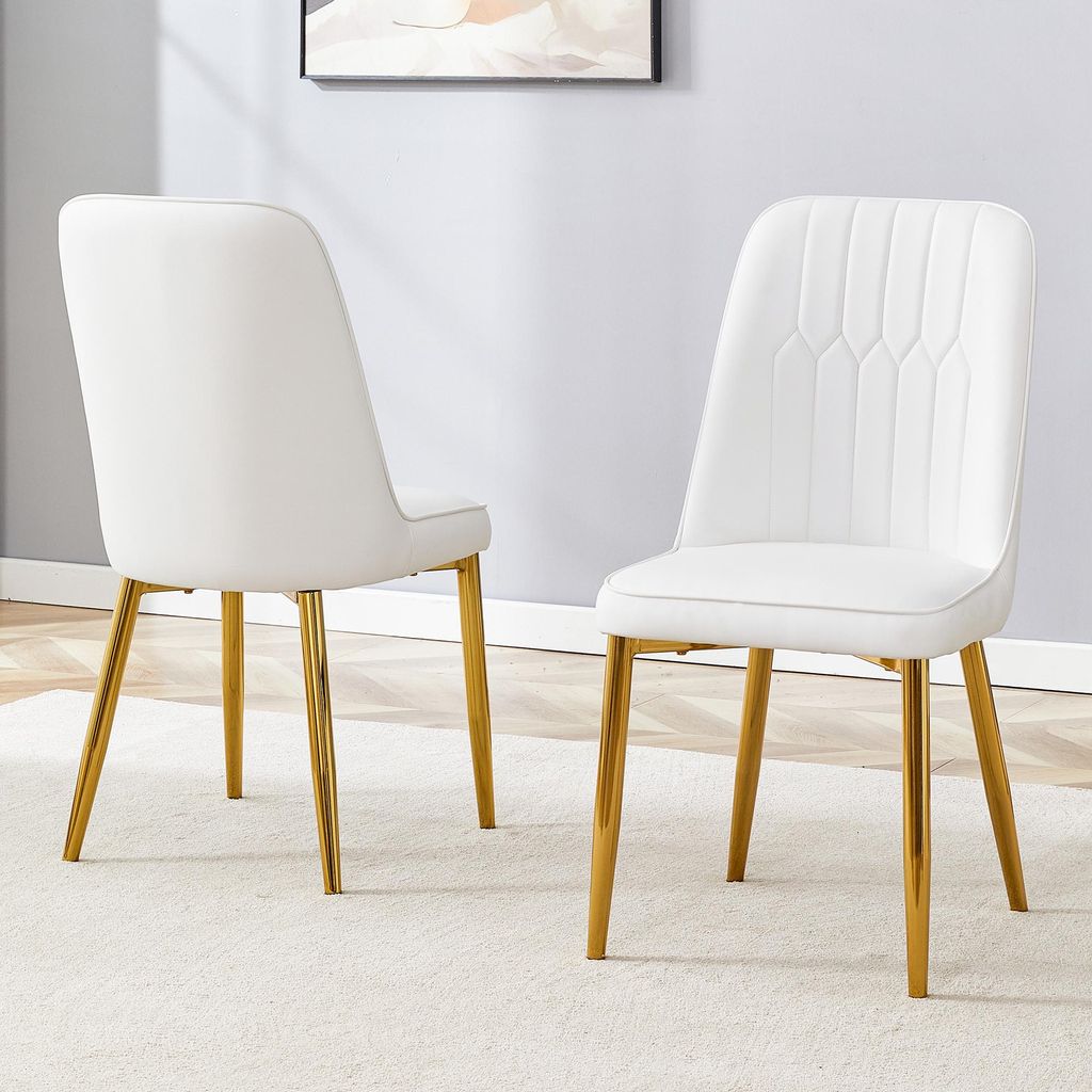 2er-Set Esszimmerstühle, weißes Kunstleder, goldene Metallbeine, modern, 89 cm