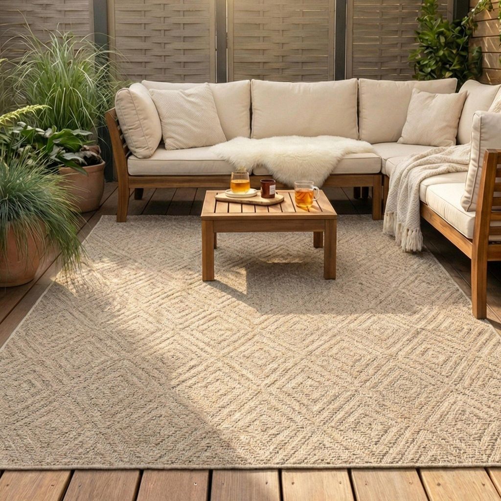 Volero - Outdoor Jute Teppich - Fora Tile Natural - 80x150 cm - Wohnzimmer, Esszimmer, Schlafzimmer, Balkon, Garten, Terrasse - Boho, Industrielle,...