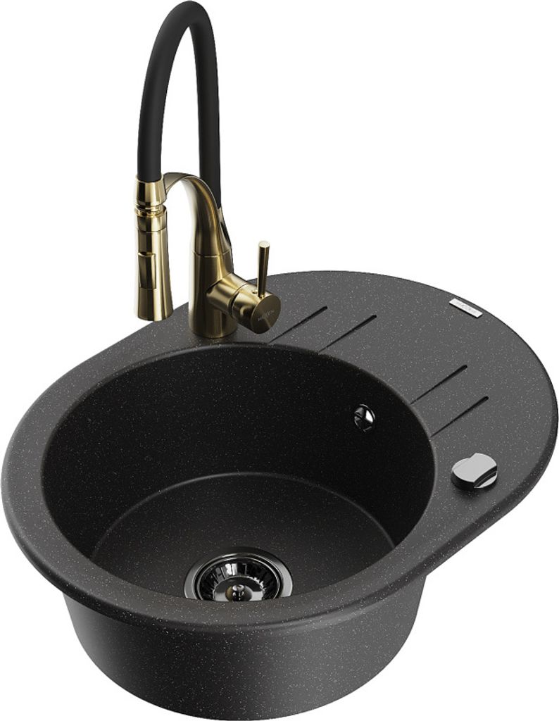 Mexen Kevin 1 Becken-Granitspüle mit Abtropffläche und Mischbatterie Aster, Schwarz/Silbermetallic - 6517-73-73450-57-B
