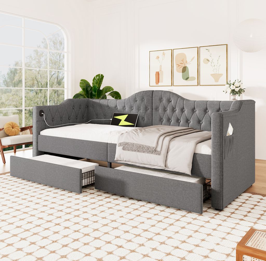 Flieks Schlafsofa 90x190cm mit USB und Type C, Polsterbett mit 2 Schubladen, Sofabett Tagesbett Daybed mit Lattenrost, Leinen, Grau