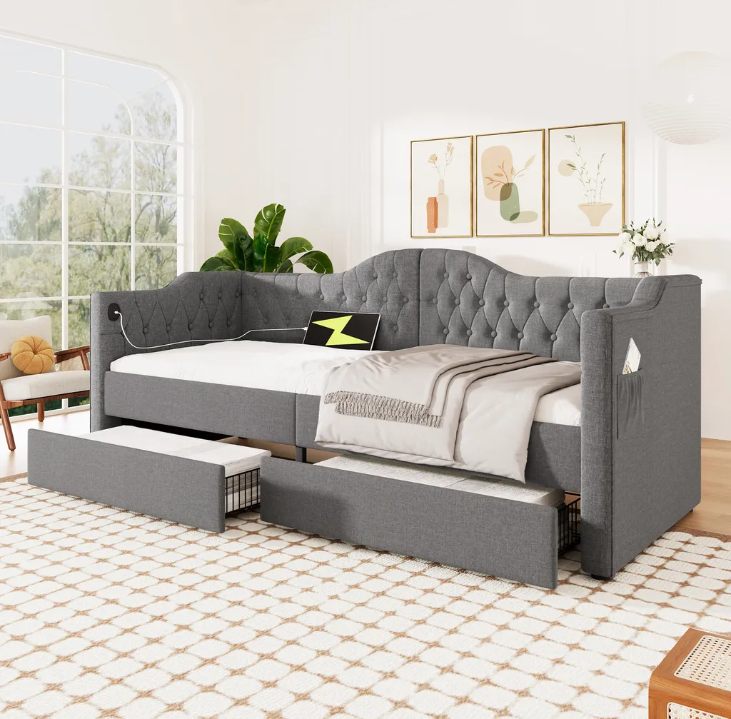 Lit de jour rembourré 90x190cm gris avec tiroirs et chargeur USB intégré