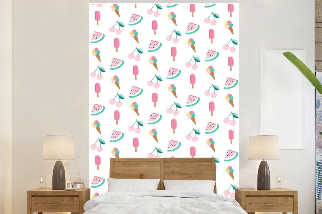 MuchoWow Fototapete für Wohnzimmer oder Schlafzimmer Wandtapete Vinyl Motivtapete Sommerlich - Pastell - Muster - 195x300 cm - Das Hintergrundbild
