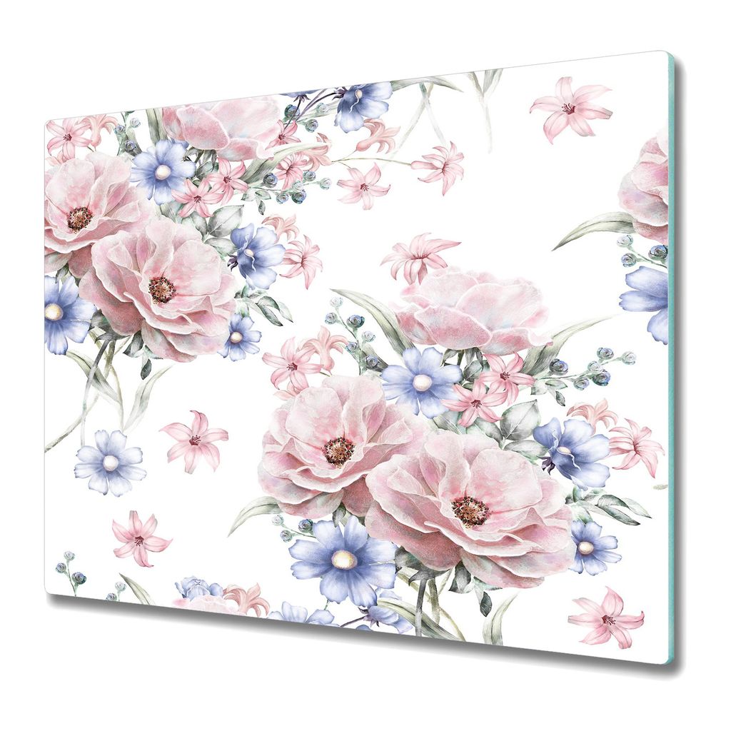 Küchenteller - Schneidebrett Glas - Herdabdeckung - Strauß rosa Blumen