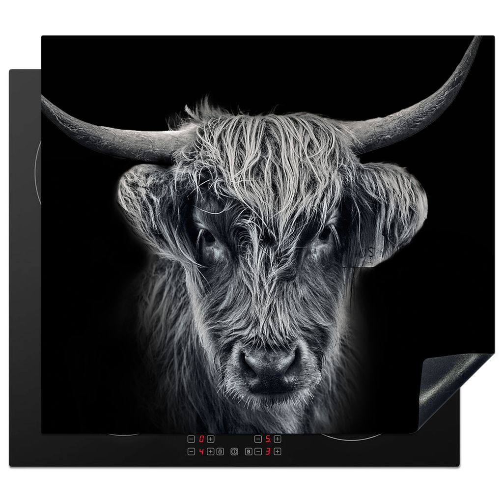 KitchenYeah Herdabdeckplatte Schottischer Highlander - Schwarz - Kuh - Tiere , 60x52cm, Küche Deko, Glaskeramikkochfeld Herdabdeckung, Abdeckpla...