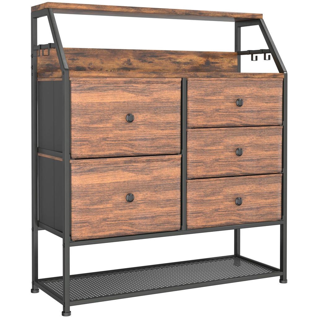 Iropro Kommode mit 5 Schubladen, Stoff-Kommode mit Schuhregal, aus MDF und Metall, Vintagebraun+schwarz, 84x30x107cm