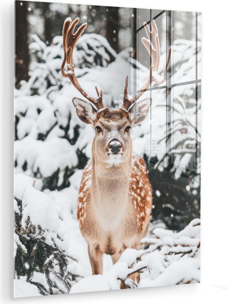 MuchoWow Glasbilder - Bilder auf Wandbild - Foto auf Glas Hirsche - Schnee - Winter - Wald - Tiere 60x80 cm Wanddekoration aus Glas - Acrylglasbild...