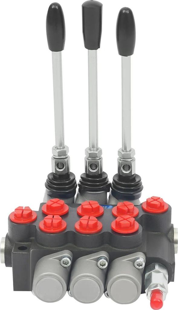 Hydraulisches Wegeventil - Drei Sektionen - Durchfluss 40 L/min - Manuelle Bedienung - BSPP 1,27 cm - Einstellbares Druckventil - Gusseisen - Rot