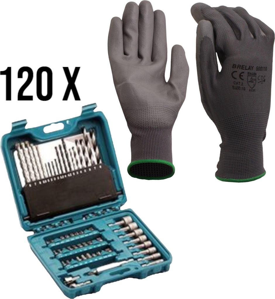 Set 120 je 40 Paar Latex-Mittelstrick-Handschuh K029 Gr. 8 + 9 + 10 plus Makita Zubehöre-Set P-90358 1 Set
