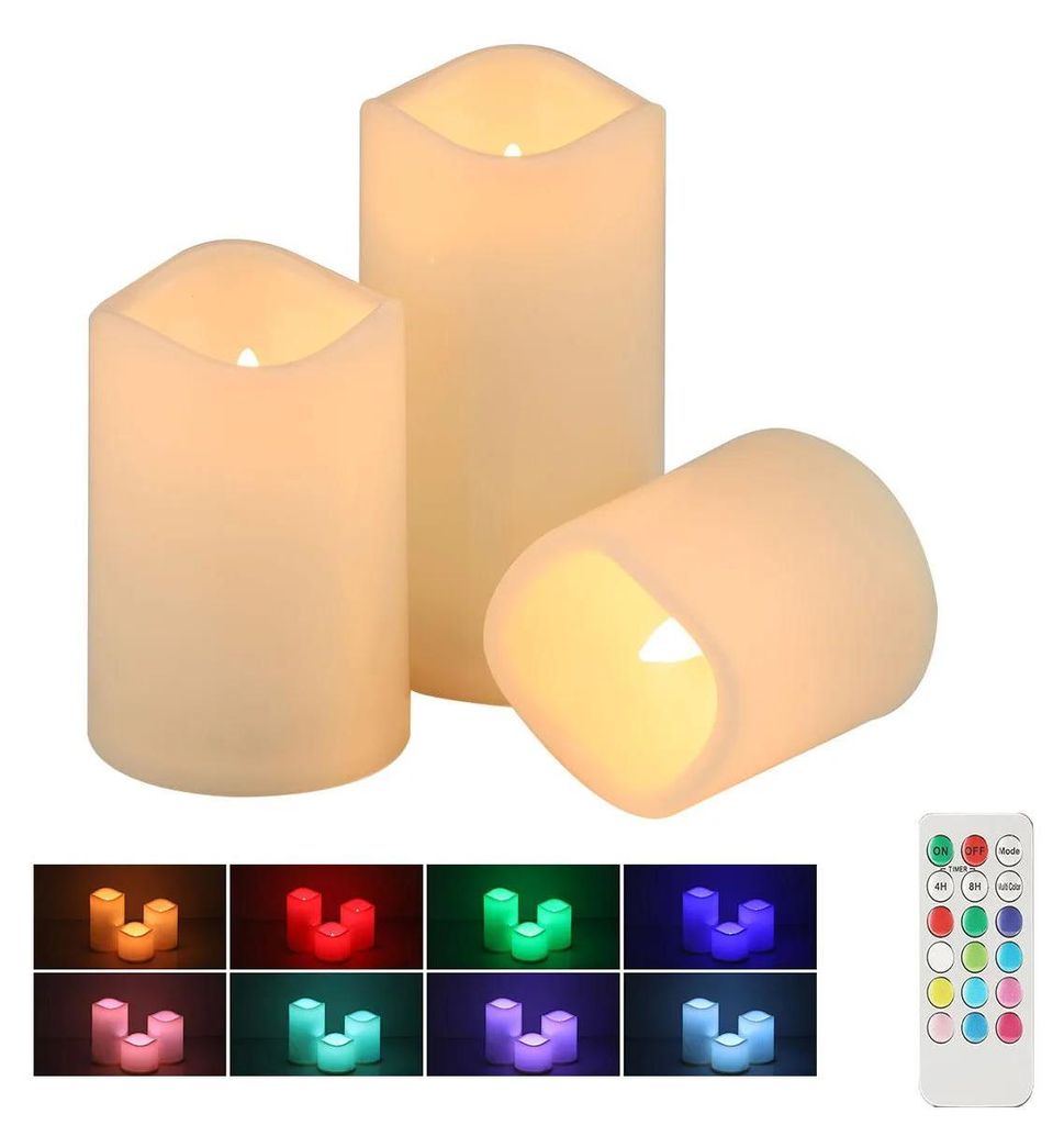 LED-Kerzen - Flammenlose Stumpenkerzen 3er Set - RGB Farbwechsel - Fernbedienung 18 Tasten - Timer - Wiederaufladbarer Akku - PP-Kunststoff - Hellgelb