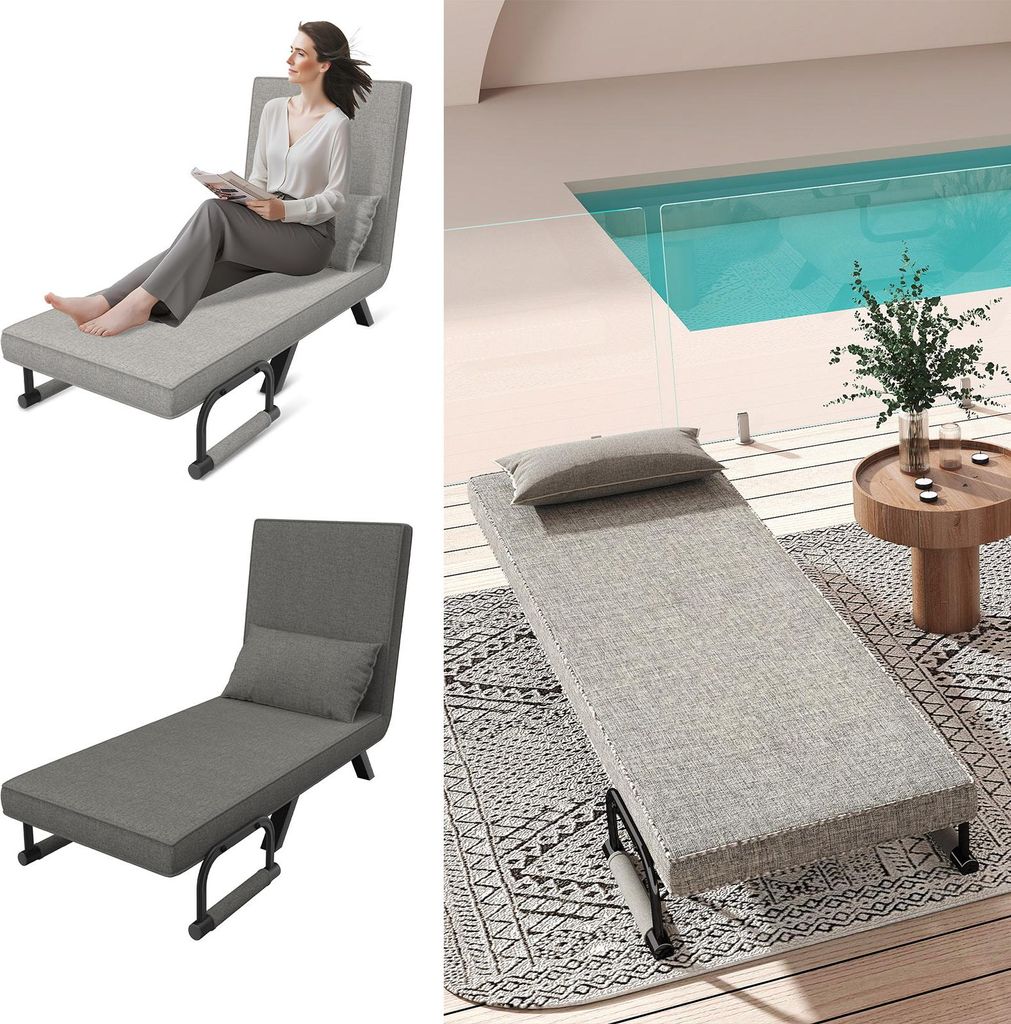 XINZI Schlafsessel 3-in-1 mit verstellbarer Rückenlehne,Schlafsofa klappbar, Klappbett, Sofabett, Metallrahmen, Leinenbezug – Farbe: Dunkelgrau
