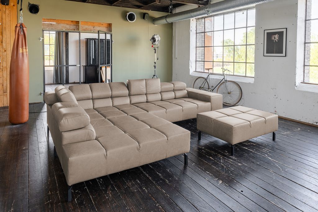 KAWOLA Sofa NELSON Ecksofa Leder grau mit Hocker Recamiere links