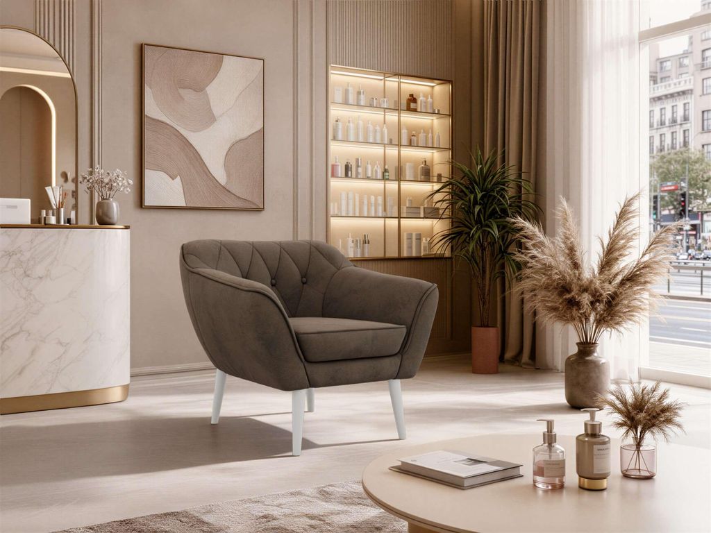 MKS MEBLE Sofa PIRS 1 Skandinavischer Stil 1-Sitzer, Sessel mit Wellenfederung, weiße Füße, Einzelsessel, Sessel mit Armlehnen - Braun Velvet