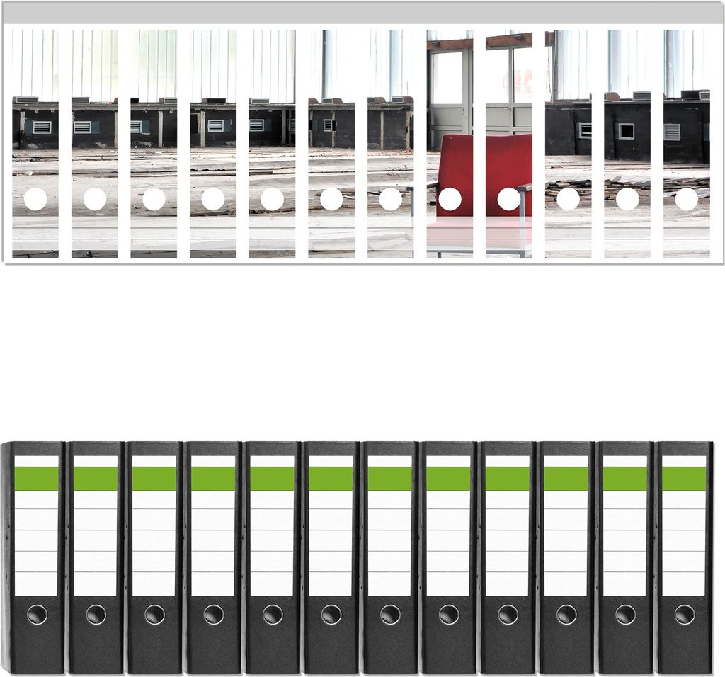 Wallario 12 Stück breite Ordner inkl. Klebeetiketten mit Motive Stille und Leere - ein einsamer roter Stuhl in einer alten Halle - Set mit Rücke...